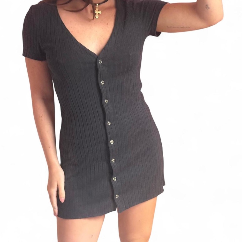 Billabong ribbed knit short sleeve black mini dress with a button front, v-neck